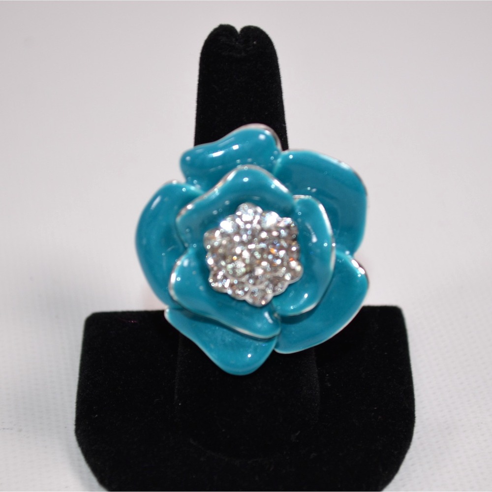 Chunky 3d Flower Ring Clear Rhinestone Cluster Center Aqua Silver Tone Szx 6-7.5